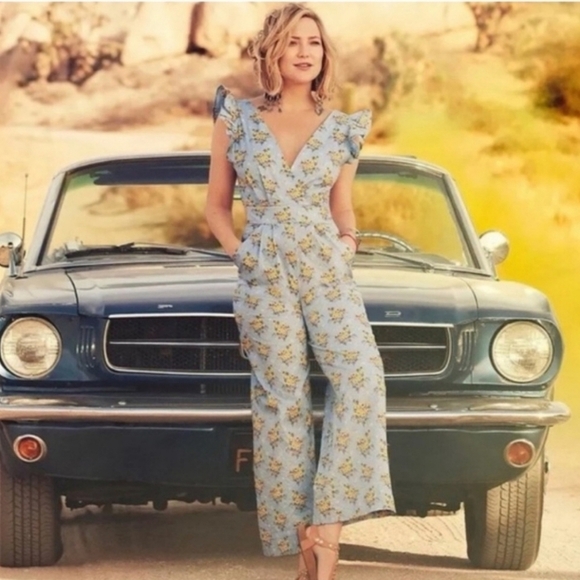 Happy × Nature by Kate Hudson Blue‎ Yellow Floral Wide Leg Jumpsuit Boho Size 12 - Picture 1 of 10